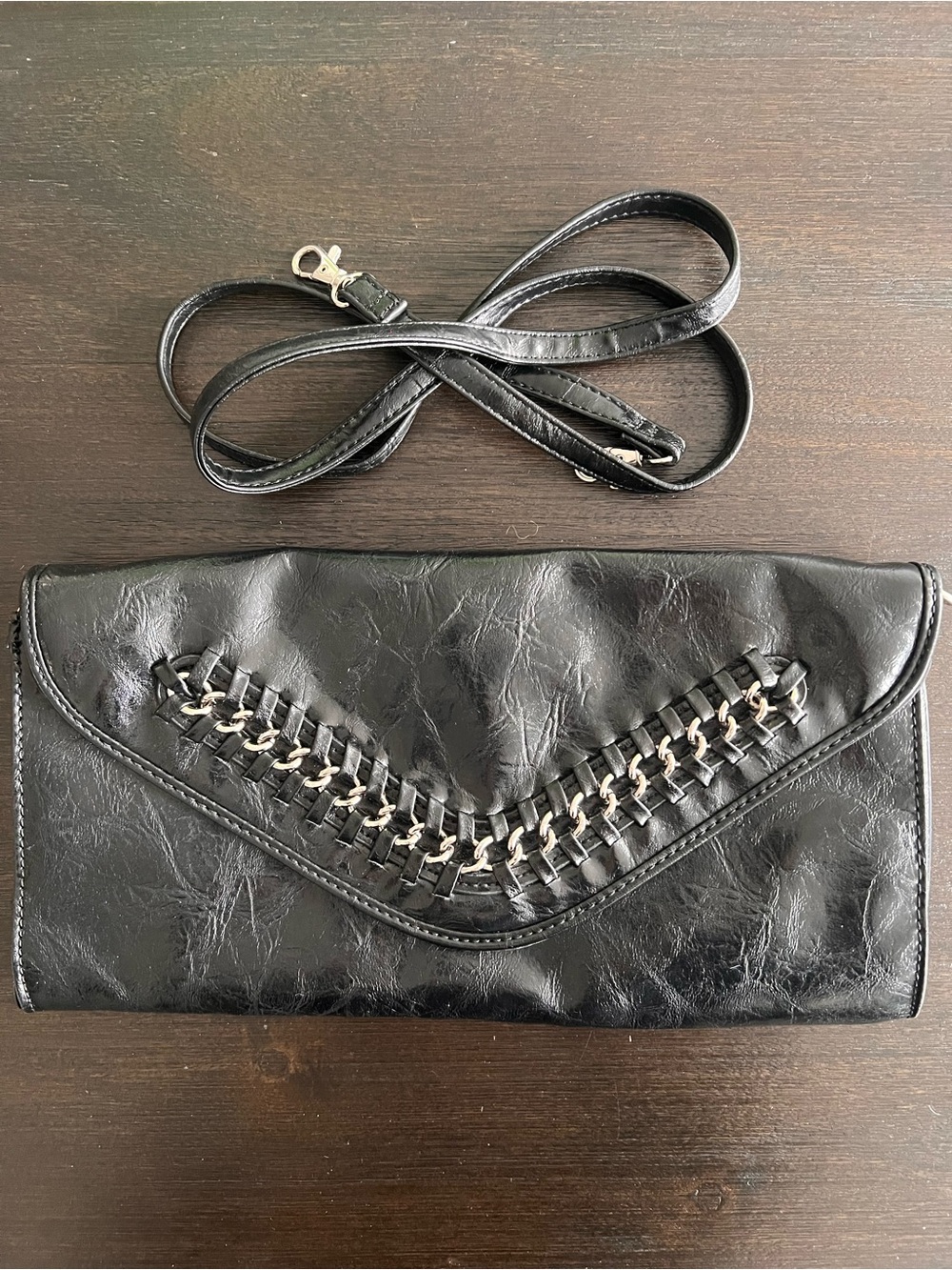 Nicole by Nicole Miller Black Envelope Clutch with Chain Weave Accent